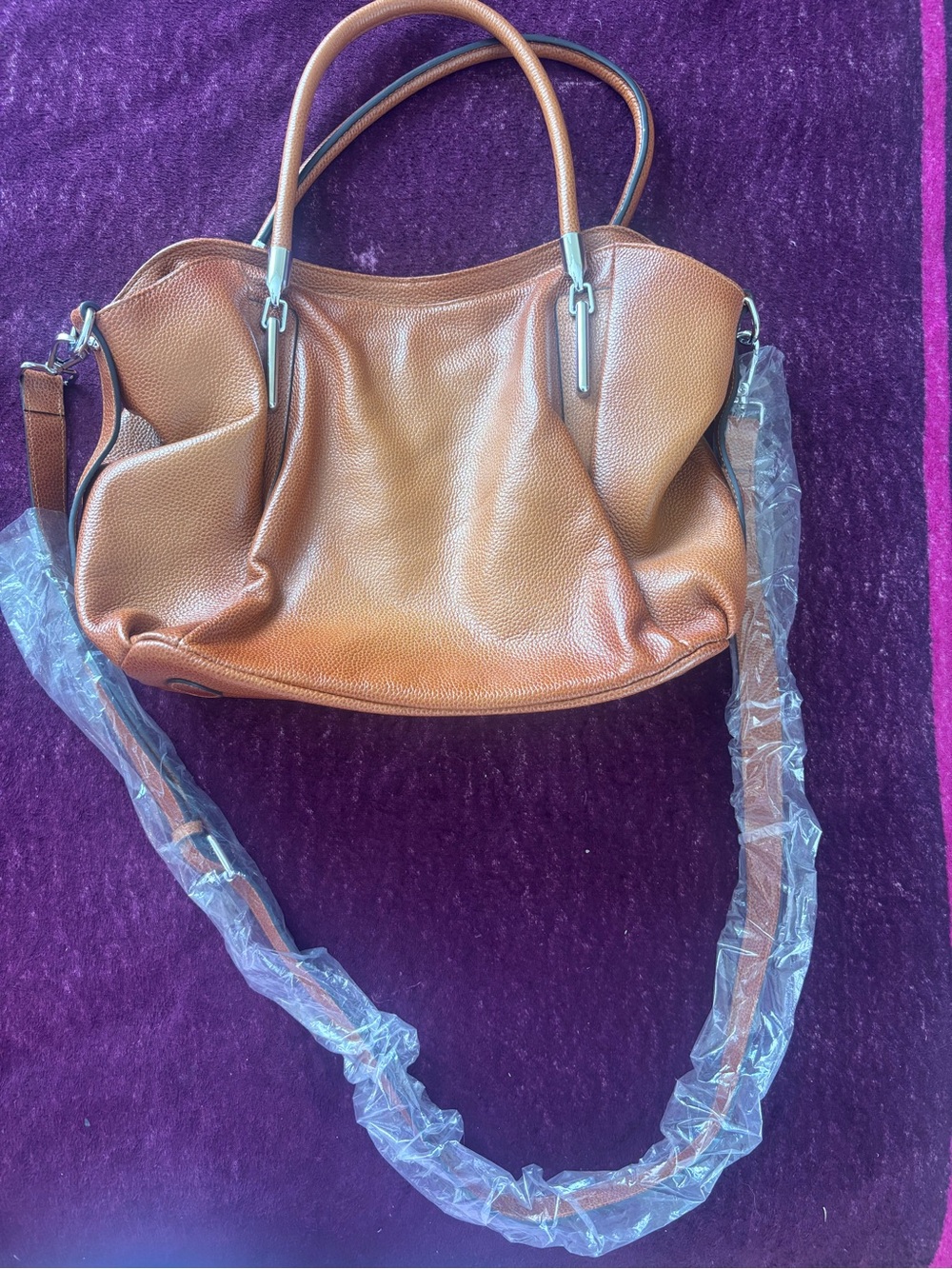 Heshe Classic Tan Leather Tote Bag with Removable Strap